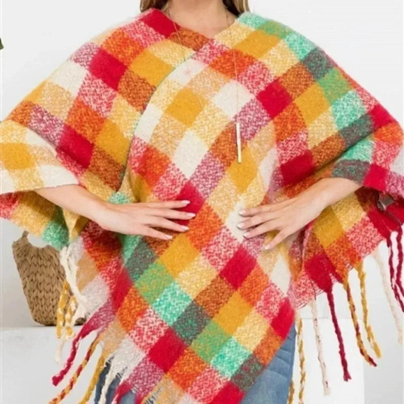 MULTI COLOR PLAID PRINT PONCHO - SOFT - Picture 5 of 8